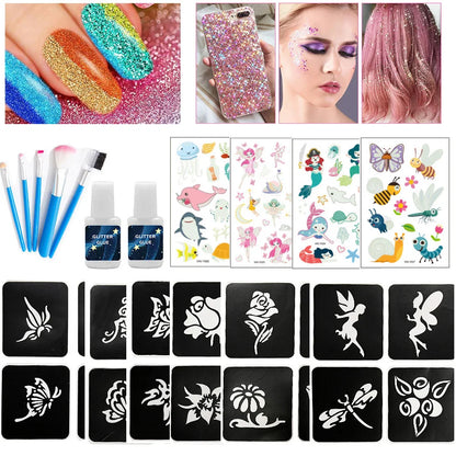 12 Color Temporary Glitter Tattoo Kit with 24 Stencils 4 Luminous Tattoo Stickers Arts Glitter Make Up Christmas Holiday Gift
