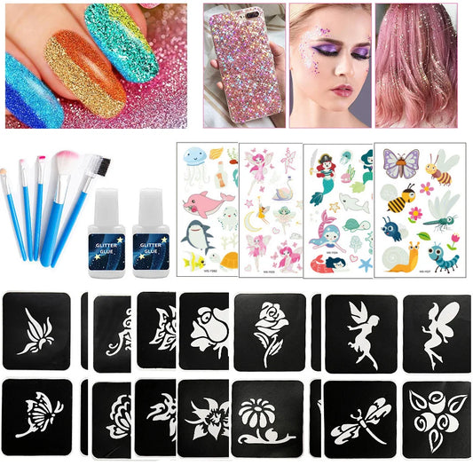 12 Color Temporary Glitter Tattoo Kit with 24 Stencils 4 Luminous Tattoo Stickers Arts Glitter Make Up Christmas Holiday Gift