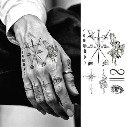 Assorted pattern herbal hand tattoo stickers bat letter venomous snake sun polar star sword eyes vintage style temporary tatt