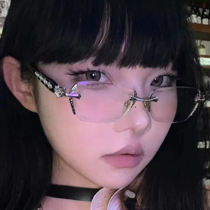 Fashion Y2K Vintage Frameless Cut Edge Glasses Anti Eyestrain Metal Anti-Blue Light Glasses Travel Eyewear Eye Protection
