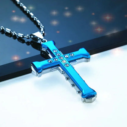 2024 New Male Crystal Cross Jesus Pendant Gold/Black/Blue Color Zirconia Cross Pendant Necklace Stainless Steel Jewelry - Blu