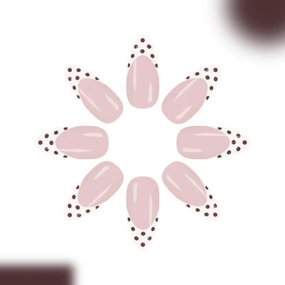 Sweet French Style Medium Almond Press On Nails 24pcs White with Brown Tips and Dots