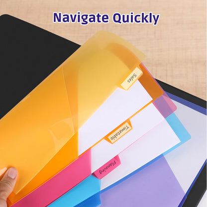 10-Pack 5 Color Binder Dividers with Pockets & Tabs, A4 PP Index Dividers for 2/3/4/11 Ring Binders, Office School Organizati