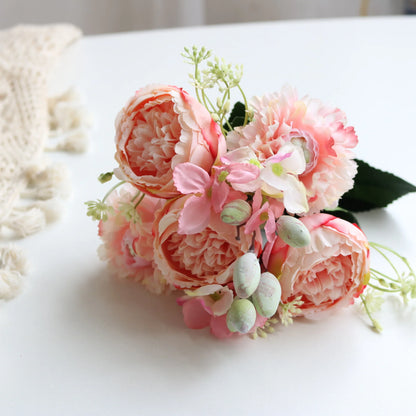 1pcs/30cm Rose Pink Silk Bouquet Peony Artificial Flower 5 Big Head 4 Small Bud Bride Wedding Home Decoration Artifi - 3