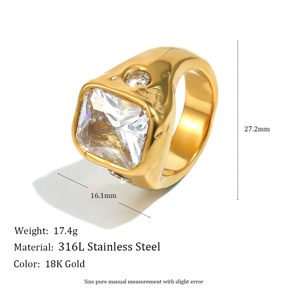 E.B.belle Gold Plated Deep-patterned Square Zircon Ring Simple Statement With Irregular Design Tarnish Free Women's Jewelry -