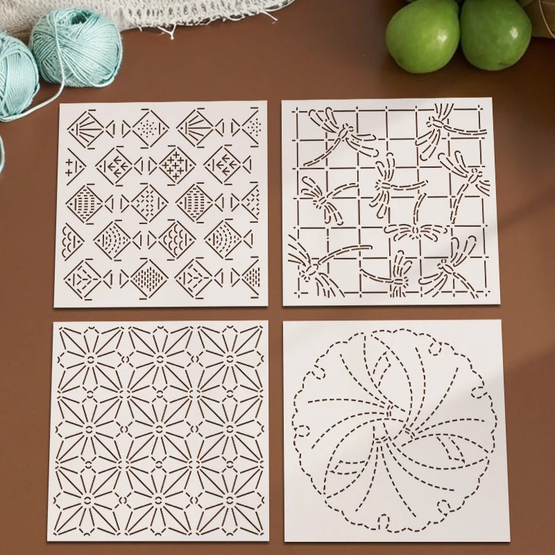 YOMDID 4pcs Sashiko Embroidery Templates DIY Embroidery Pattern Quilting Templates Reusable PET Stencils for Quilting and Cra