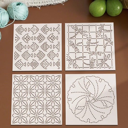 YOMDID 4pcs Sashiko Embroidery Templates DIY Embroidery Pattern Quilting Templates Reusable PET Stencils for Quilting and Cra