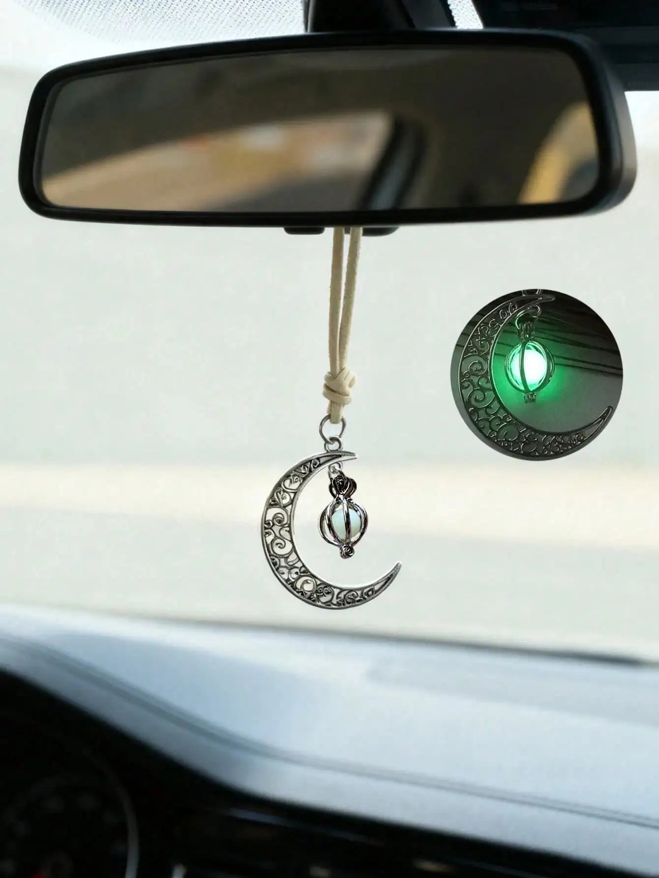 Luminous Moon Pendant Car Hanging Ornament – Hollow Crescent Design, Inlaid with Luminous Stone, Elegant Rearview Mirror Deco