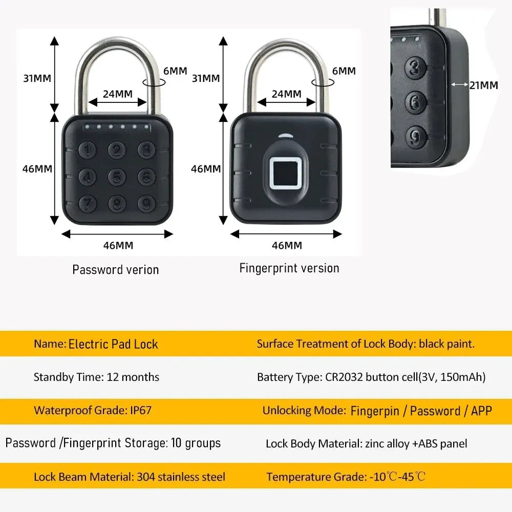Electronic Lock Tuya Bluetooth Fingerprint Padlock Digital Luggage Lock APP Temporary Password Remotely IP67 Decompression To