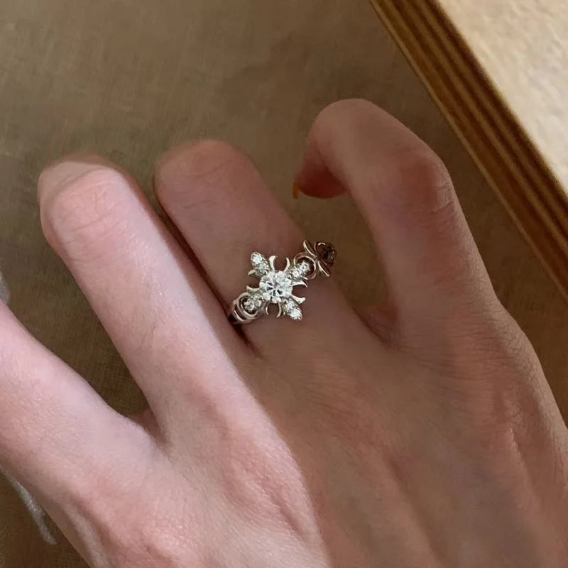 Fashion Zircon Cross Opening Rings for Women Classic Fine Jewelry Minimalist Personality Accessories