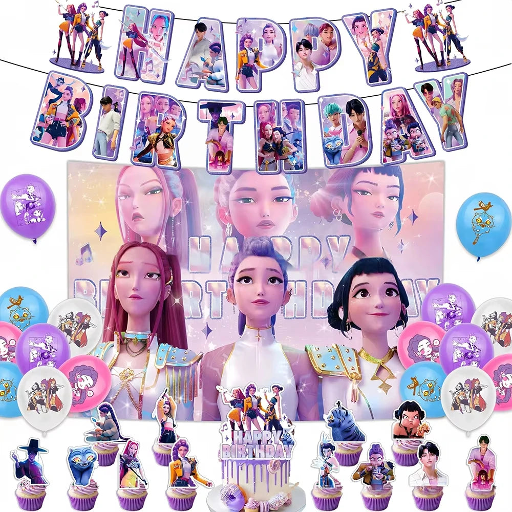 K-Pop Theme Disposable Tableware Set for Kids Birthday Baby Shower Party - Paper Plates Cups And Tablecloth with Birthday Ban