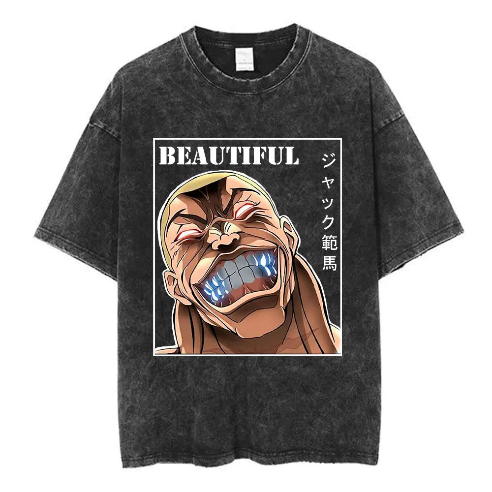 Vintage Washed T Shirt Anime Baki The Grappler T-shirt Hanma Yujiro Gym Short Sleeve T-shirts Oversized Cotton Casual Tee Shi