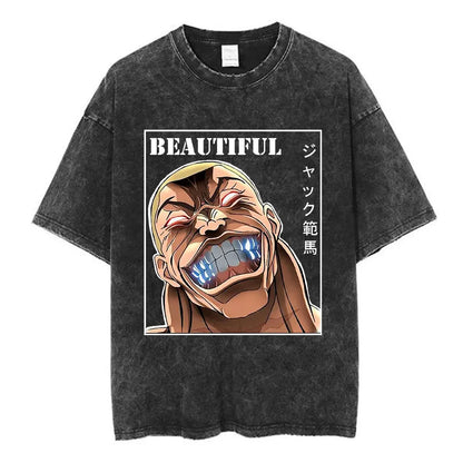 Vintage Washed T Shirt Anime Baki The Grappler T-shirt Hanma Yujiro Gym Short Sleeve T-shirts Oversized Cotton Casual Tee Shi