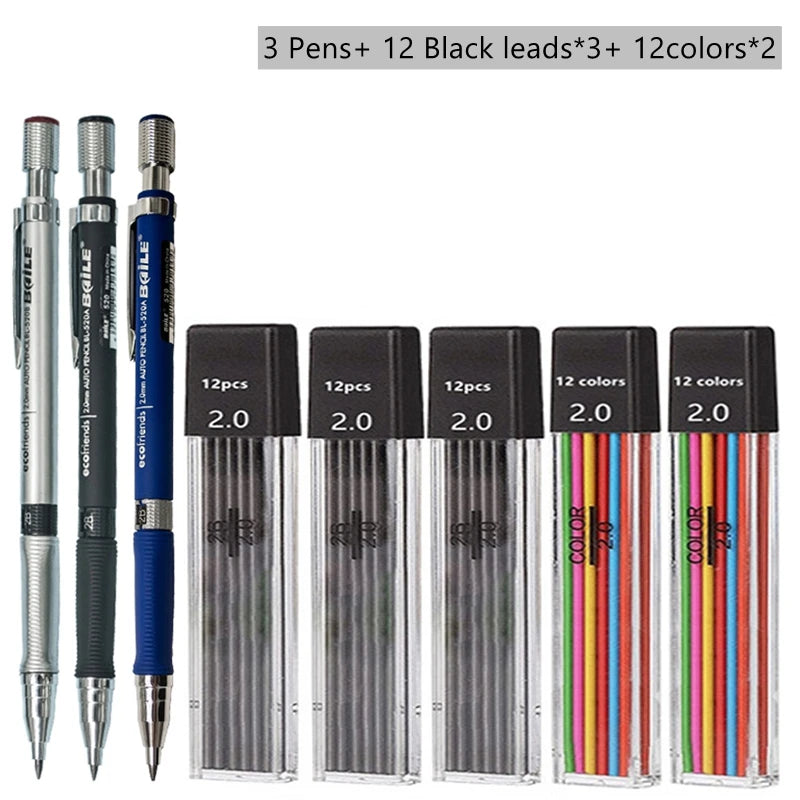 Mechanical Pencil Set 2.0 mm with 2B Black/Colors Lead Refill For Writing Sketching Art Drawing Painting School Automatic Pen