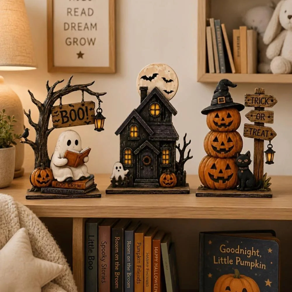 Vintage Halloween Wooden Ornament Ghosts House Figurines Stacked Pumpkin Spooky Tabletop Festive Seasonal Desktop Party Decor