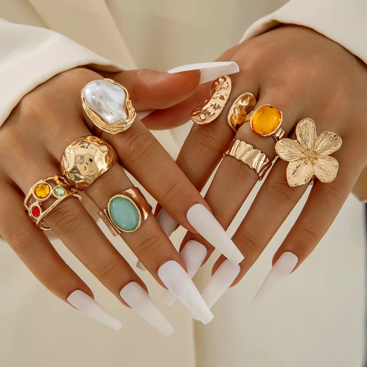 Tocona 2024 New Fashion Luxury Imitation Pearl Open Ring Sets for Women Elegant Gold Color Ring Party Jewelry Accessories