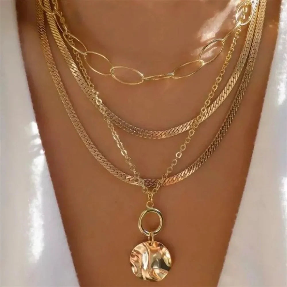 Vintage Punk Gold-plate Thick Chain Head Portrait Coin Pendant Necklace For Women Fashion Multilevel Geometric Hip Hop Jewelr