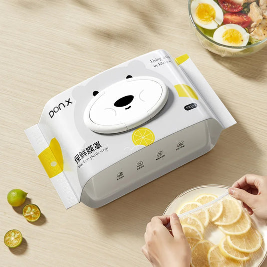 100-Pack Disposable Food-Grade Plastic Wrap Covers for Home Kitchen Refrigerator Leftovers, Hangable and Pull-Out Style
