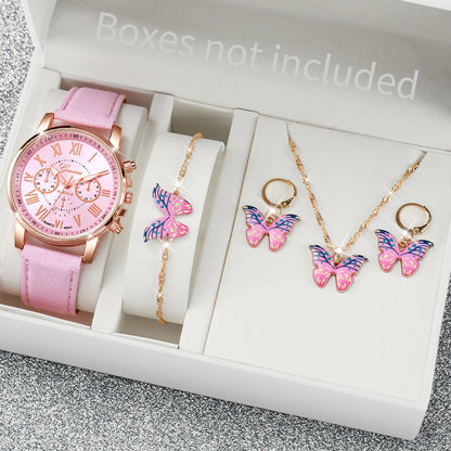 5/6PCS Fashion Women's Quartz Watch Leather Band Analog Wrist Watches Heart Rhinestone Jewelry Set(Without Box) - H Without B