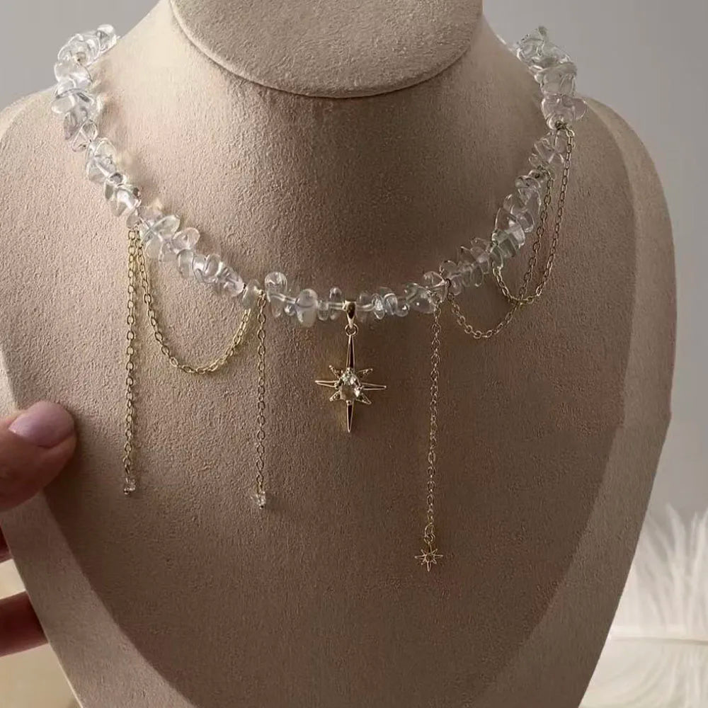 Fashion Tassel Chain Pendant Necklace For Women Boho Transparent Crystal & Imitation Pearl Chain Jewelry Valentine's Gift N05