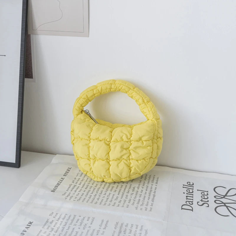 Fashion Mini Puffer Tote Bag Quilted Circle Phone Purse Elegant Purple Soft Nylon Padded Key Pouch Simple Trend Handbag - A4
