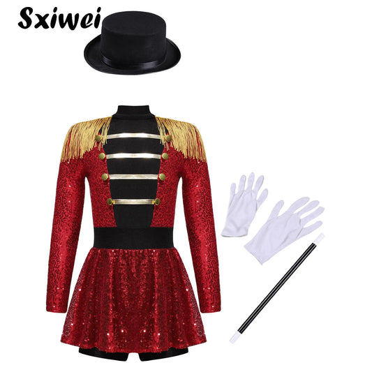 Sequins Girls Magician Circus Performance Costume Outfits Kids Halloween Ringmaster Bodysuit Jumpsuit with Hat Gloves Magic W
