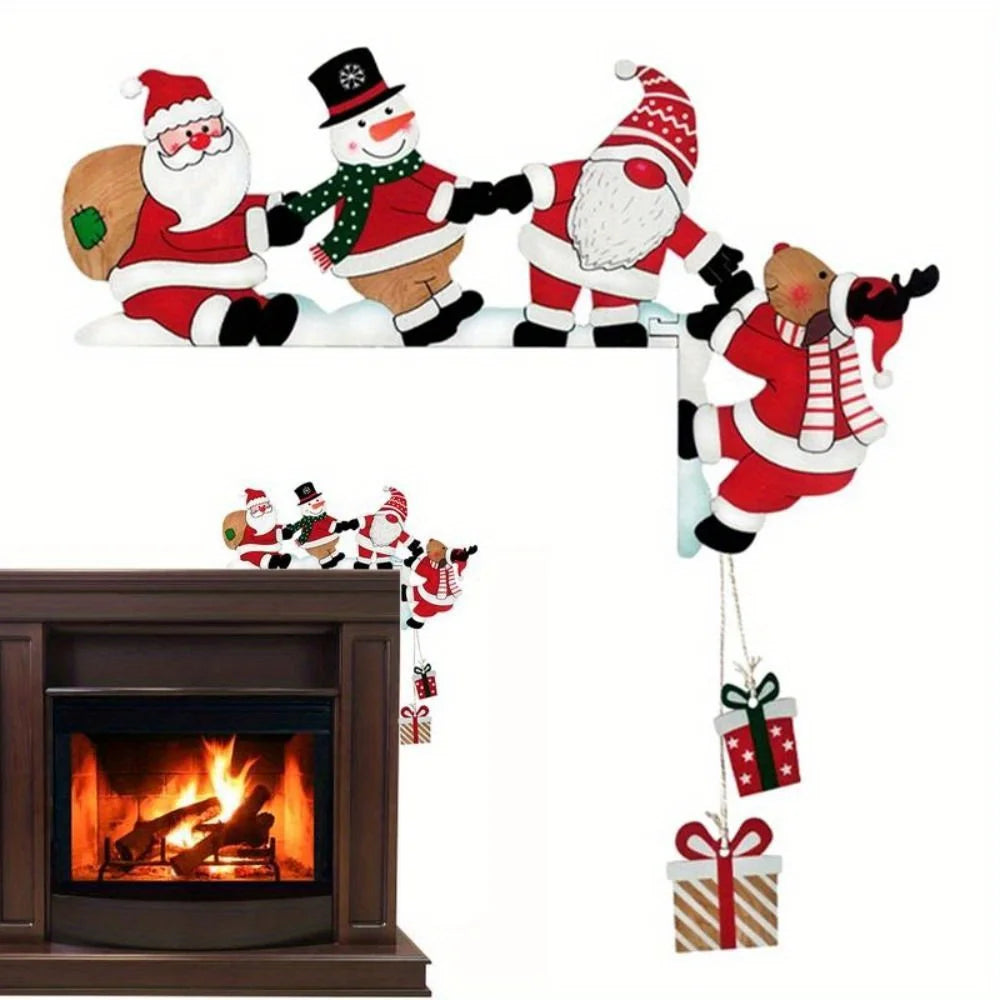 2D Flat, Charming Wooden Santa Claus, Snowman and Reindeer Door Frame Decoration-Hang Holiday Ornament,Christmas Wall Decorat