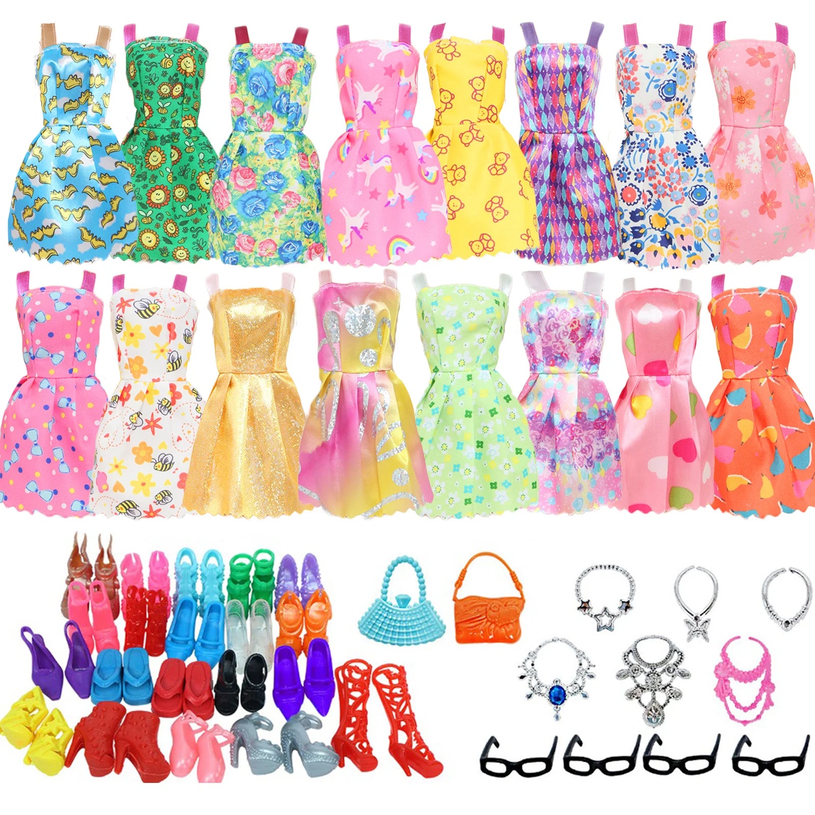32 Item/Set 11.5 inch Doll Accessories=10 Mix Dress+ 4 Glasses+ 6 Necklaces+2 Handbag+ 10 Shoes Clothes 11.8'' Doll