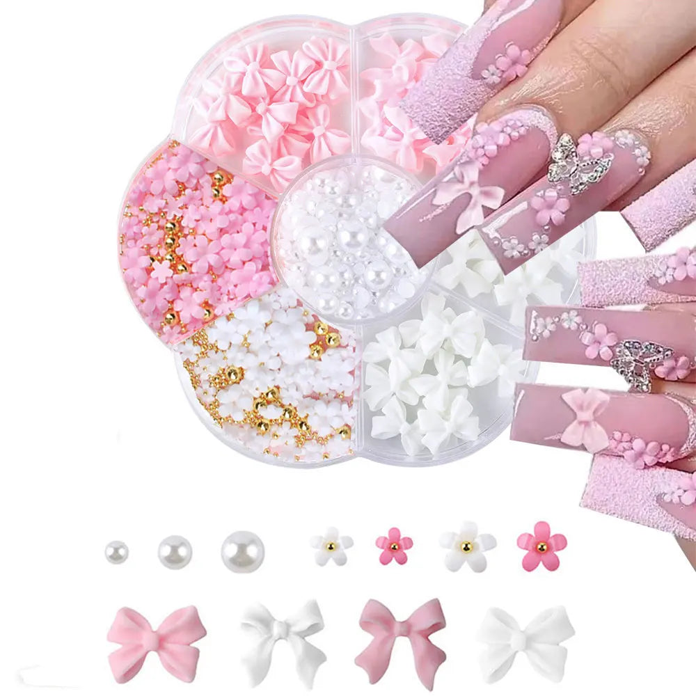1box 3D Flower Bow Nail Art Decorations Kit Pink/White Acrylic Floral/Peal Beads Nail Charm with Wax Pen/Tweezer 4/6mm Nail P