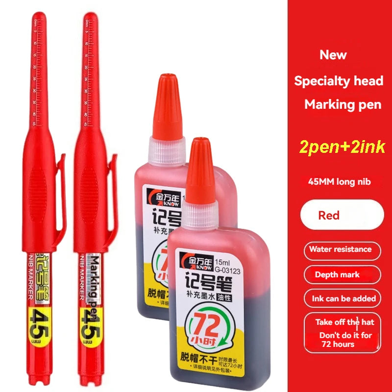 45mm Waterproof Deep Hole Marker Pens Long Nib Head Carpenter Pen White/Black/Blue Ink for Multi-Purpose Woodworking Hand Too