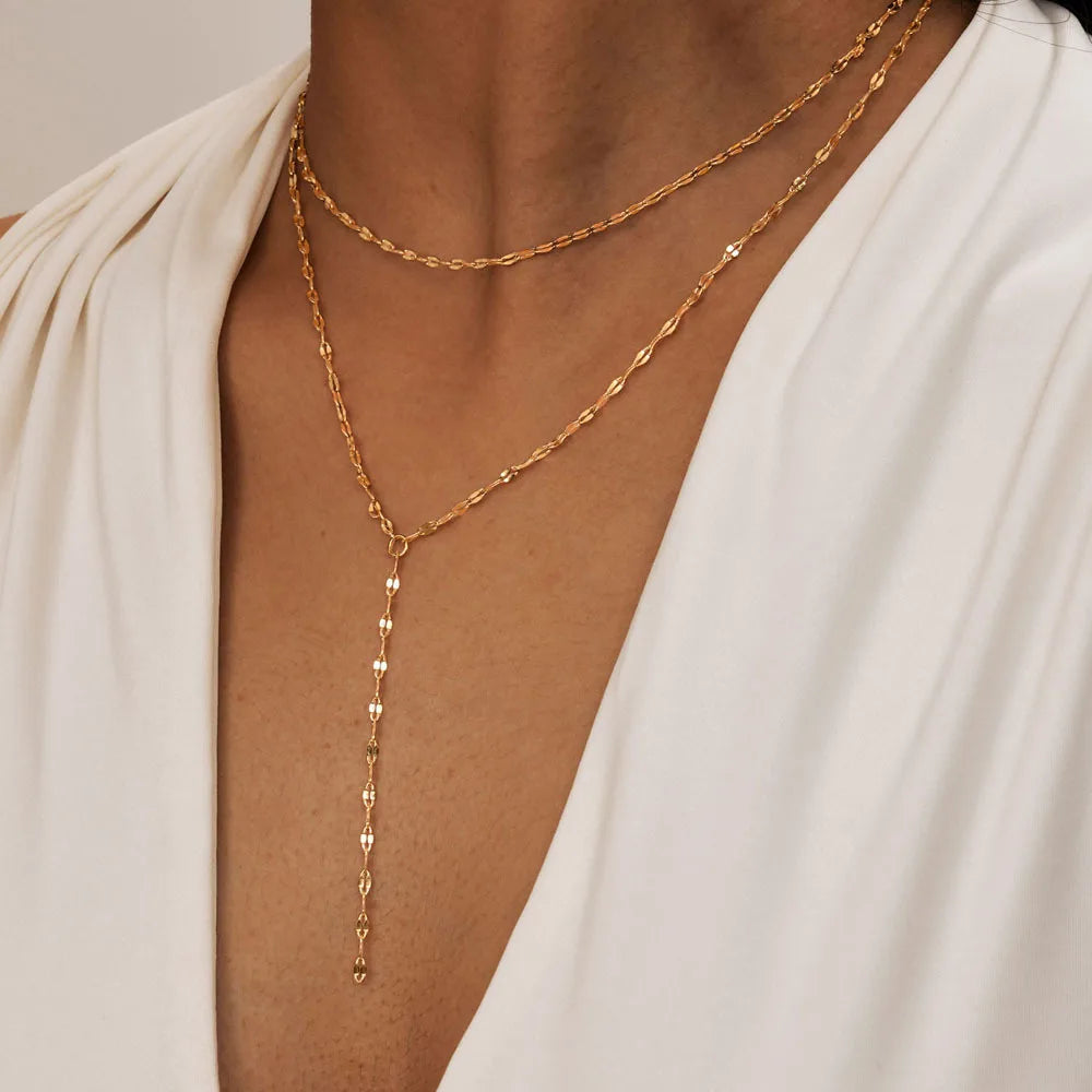 18k Gold Plated Y Lariat Necklace for Women, Laryerd Multilayer Long Chain Drop Necklace, Stainless Steel Aesthetics Jewelry 