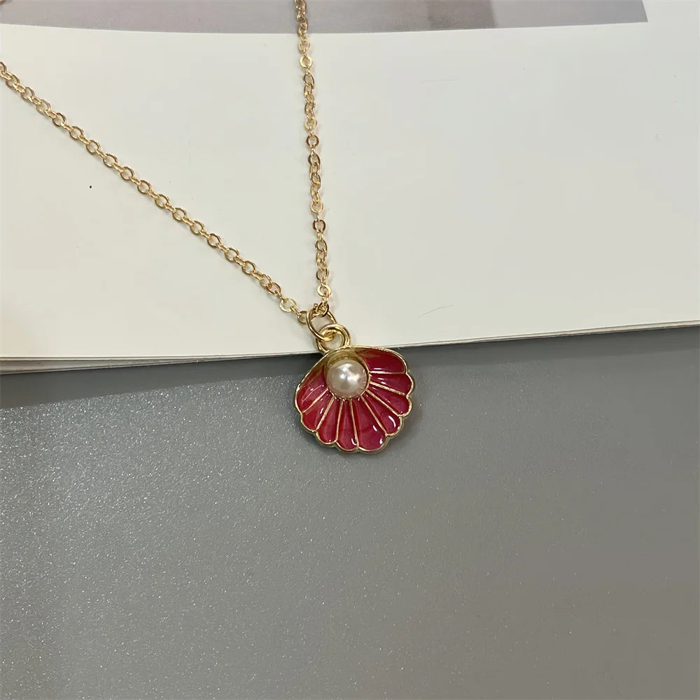 Colorful Shell Pendant Necklace Imitation Pearl Fashion Women Neck Jewelry Golden Color Link Chain Jewelry