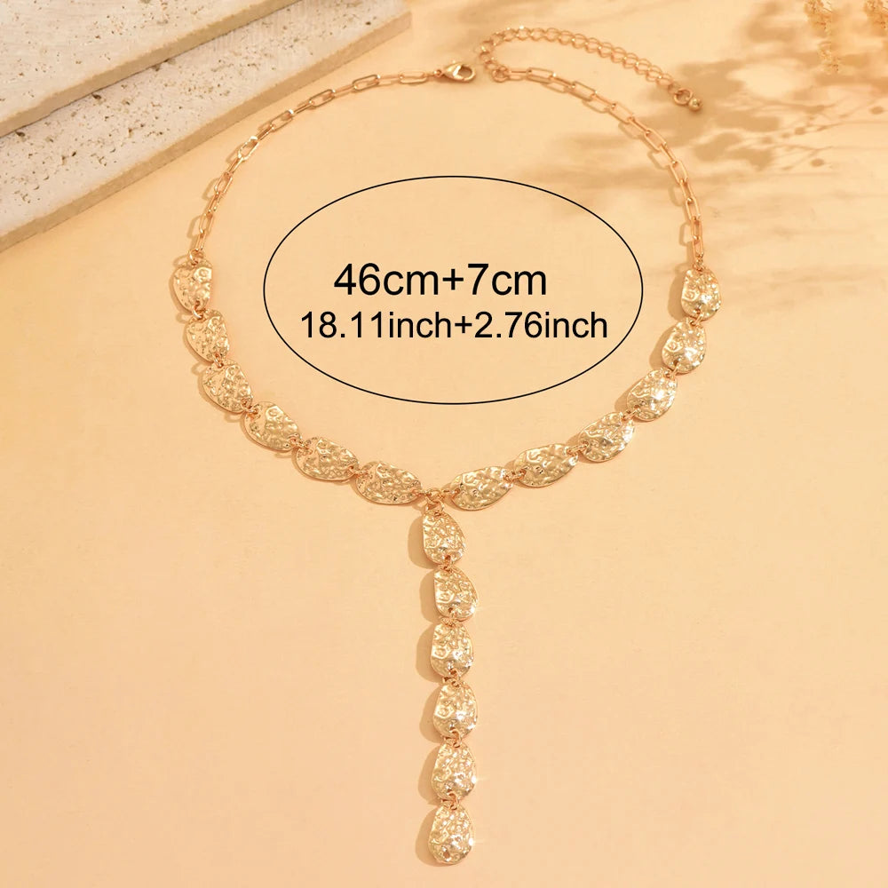 Vintage Y Shaped Lariat Necklace Gold Irregular Hammered Pendant Hypoallergenic Dainty Minimalist Daily Jewelry Gift for Wome