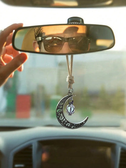 Luminous Moon Pendant Car Hanging Ornament – Hollow Crescent Design, Inlaid with Luminous Stone, Elegant Rearview Mirror Deco