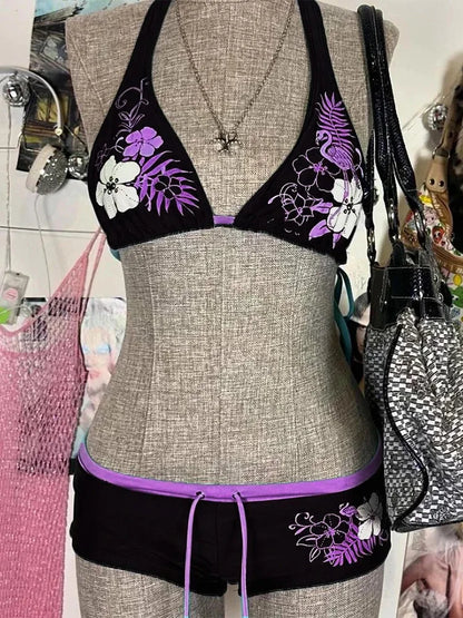 Vintage Flower print Cutie set Bikini 2000s Swimsuit Sexy Women Bathing Fashion Halter Strap Swimwear High Street Beach Femal