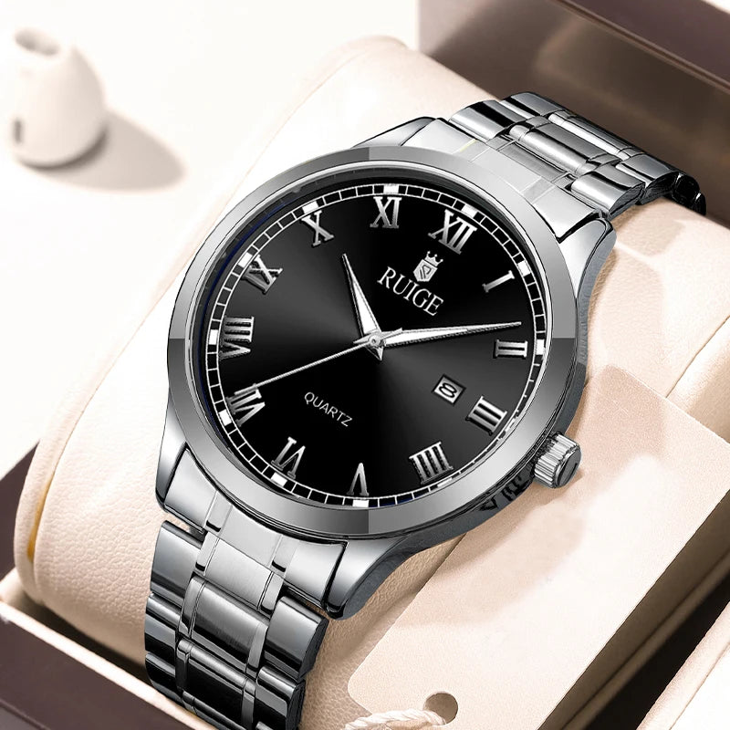 RUIGE Fashion Men's Watch Roman Scale Minimalist Men's Famous Watch Night Glow Waterproof Trendy Watch - black A