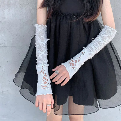 1 Pair Women Lolita Jk Lace Fingerless Gloves Black Gothic Fake Sleeves Trendy Elastic Long Lace Arm Sleeves Clothes Decorati