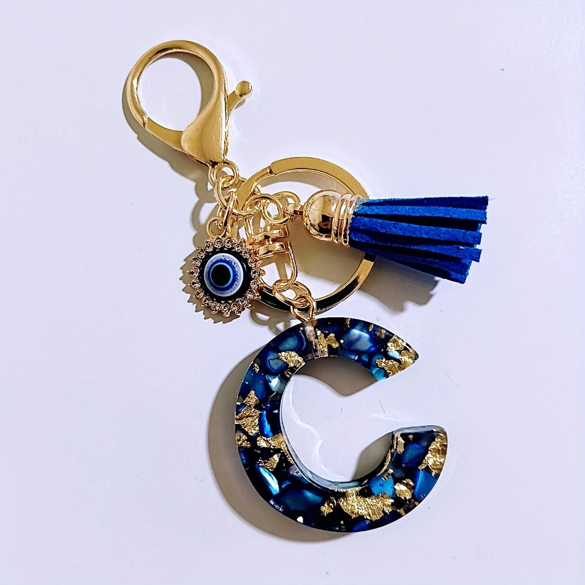 Blue Resin Initial Keychain - Evil Eye Letter Charm with Rhinestones & Tassel, Stylish Gift for Women, Lobster Clasp Accessor