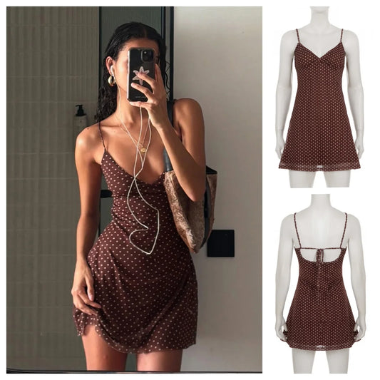 Y2k Vintage Slim Summer Women Sweet Ladylike Fashion Street Woman Dot Print Casual Simple Basic Sleeveless Dresses Female Chi
