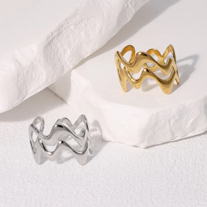 Stainless Steel Irregular Wave Rings for Women Men Creative Gold Color Adjustable Opening Rings Female Statement Jewelry Gift