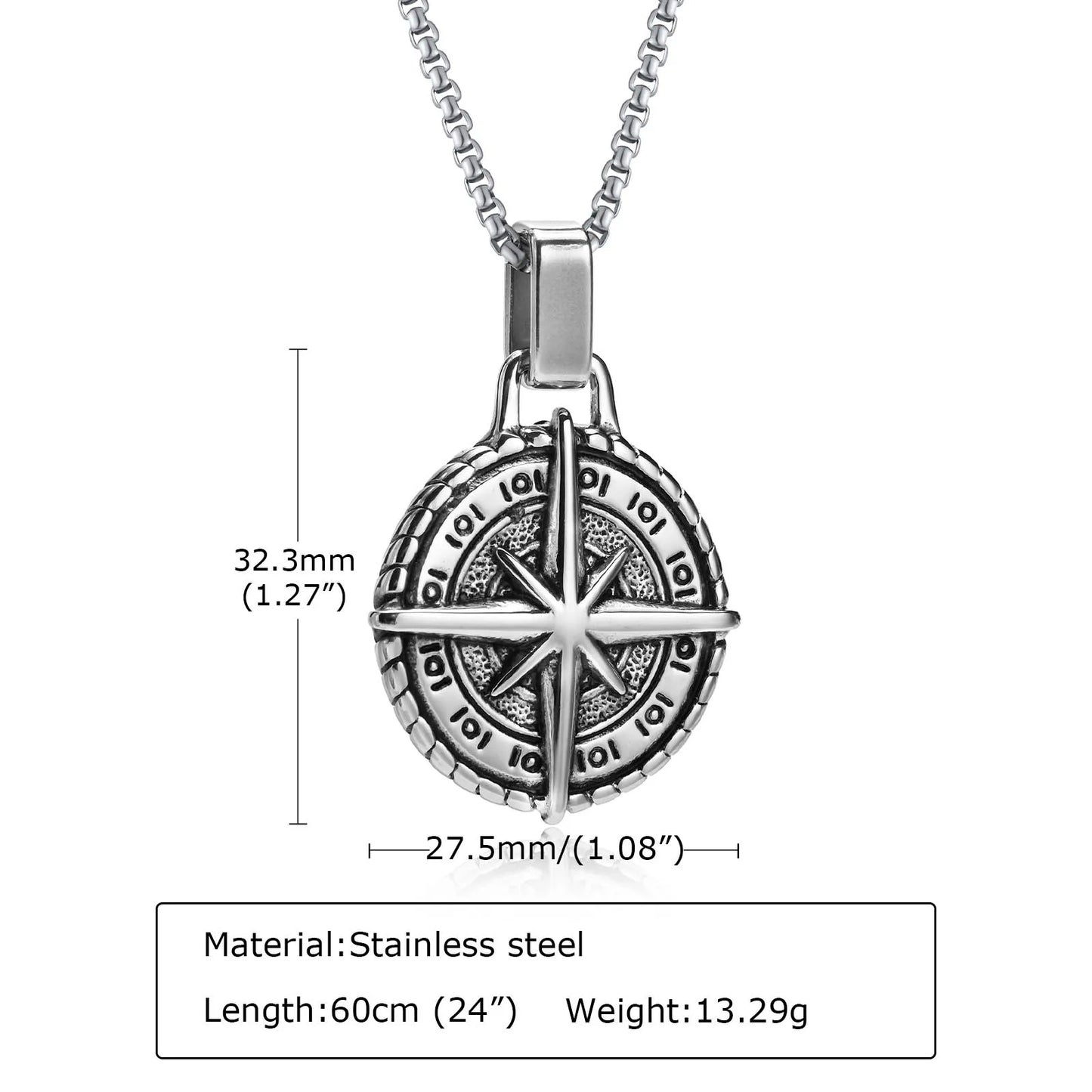 Vintage Compass Pendant Necklaces for Men Boys, Stainless Steel Coin Necklace, Rock Hiphop Collar Graduation Guide Gift