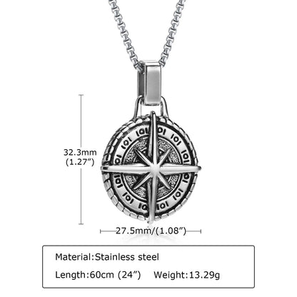 Vintage Compass Pendant Necklaces for Men Boys, Stainless Steel Coin Necklace, Rock Hiphop Collar Graduation Guide Gift