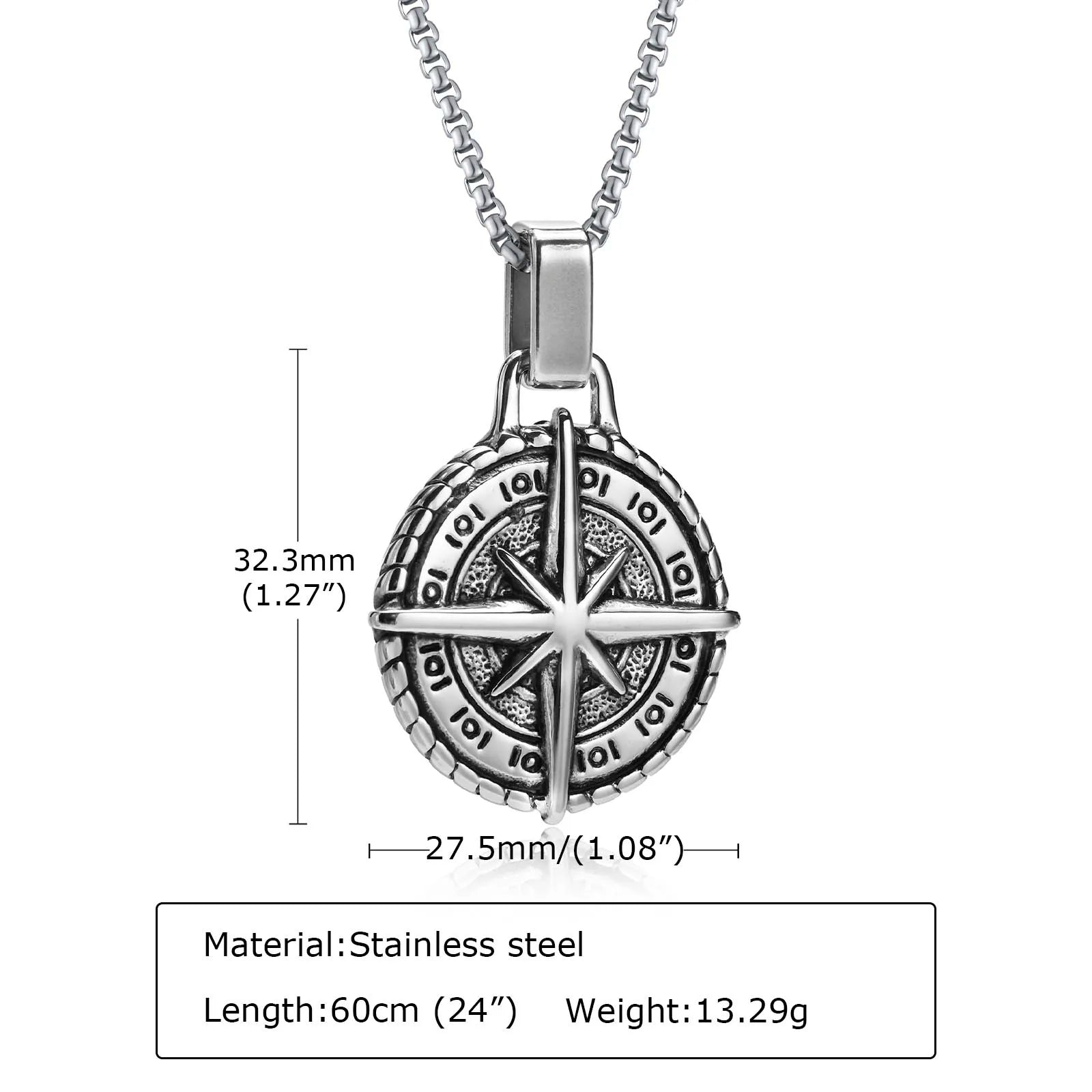 Vintage Compass Pendant Necklaces for Men Boys, Stainless Steel Coin Necklace, Rock Hiphop Collar Graduation Guide Gift - PN-