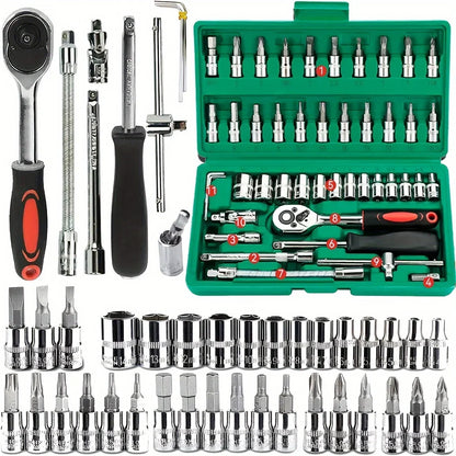 46pc Drive Socket Set 1/4 inch Ratchet Wrench Set Mechanic Tool Kits for Auto Repair Hous with Sockets Metric Hex Bit Socket 