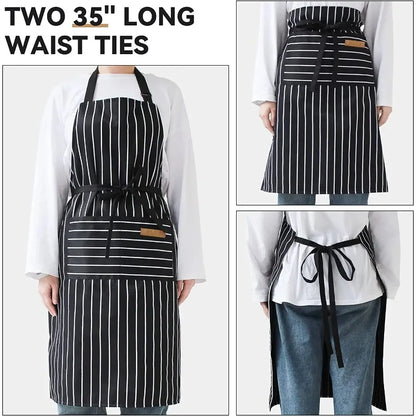 White Black Striped Man Woman Home Restaurant Kitchen Baking Nail Bib Oil Repellent Work Apron 2 Pockets Adjustable Clean Apr