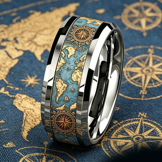 Vintage World Map Compass Ring Retro Ocean Theme Men Stainless Steel Ring High Polished Nautical Traveler Jewelry Gift for Hi