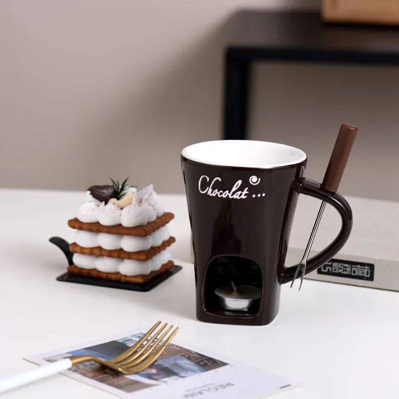 New 130ML European Candle Cup Cheese Chocolate Melting Ceramic Mug Heating Food Ceramic Mug with Fork Coffee Mug Tableware HW