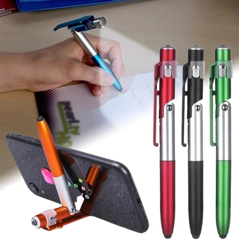 4 In 1 Multifunction Ballpoint Pen with LED Light Fold Phone Holder Night Read Writing Pencil Office School Student Stationer