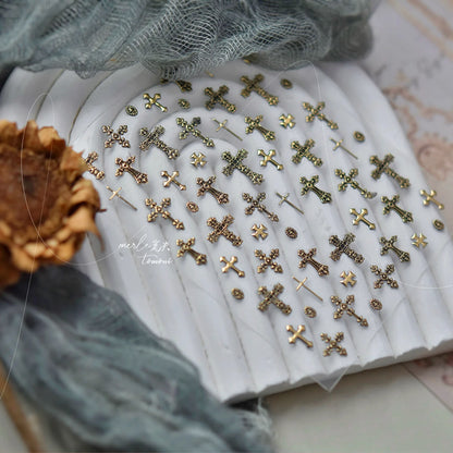 Gold Silver Metal Nail Stickers Dark Retro High-end Cross Nail Art Accessories Sticker Back Blue Nails 3D Decorations Decals 