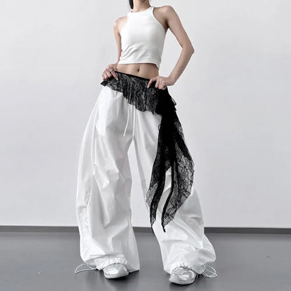 Embroidered Flower Lace Mini Skirt Irregular Y2K Streetwear Ruched Skirts High Waist See Through Lace Up Ruffles Skirt